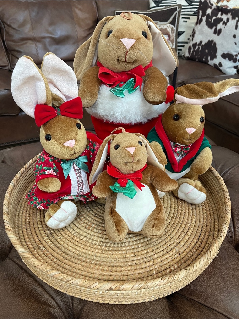 Plush Brown Holiday Velveteen Rabbit Family Set with Red & Green Accents